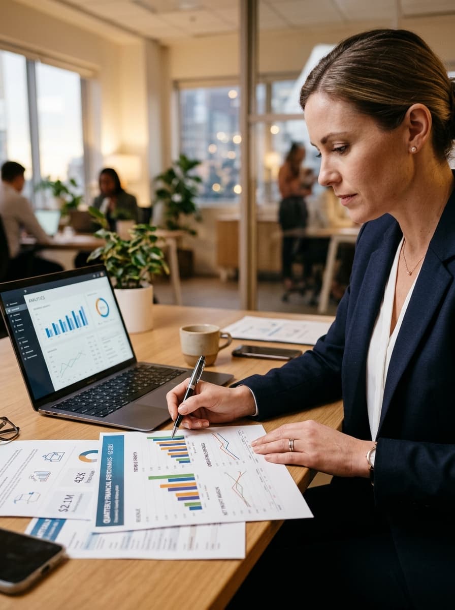 Business executive reviewing financial performance charts