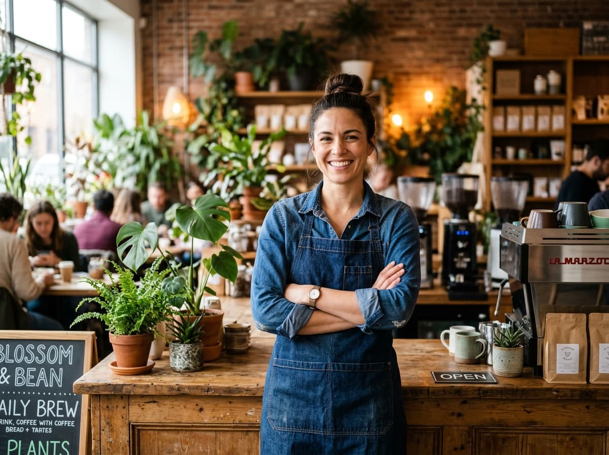 Confident female business owner with crossed arms in coffee shop