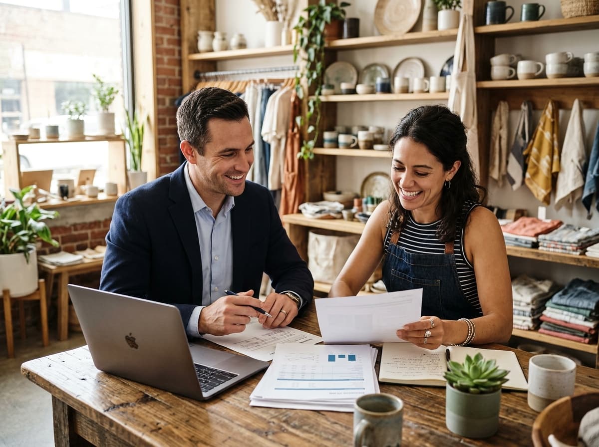 Business financial advisor consulting with small business boutique owner reviewing financing plans